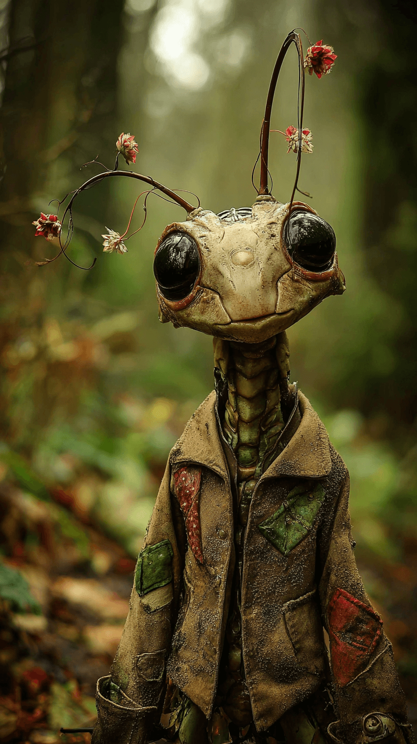 AI generated: photograph of a fantasy creature, anthropomorphic, insect-like, standing in a forest, detailed, real...
