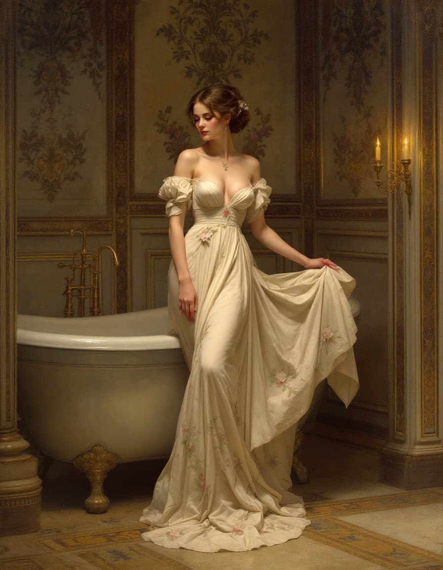 AI generated: Estilo Edmund Leighton - Romantismo Vitoriano):
"Crie uma pintura no estilo de Edmund Leighton, retr...
