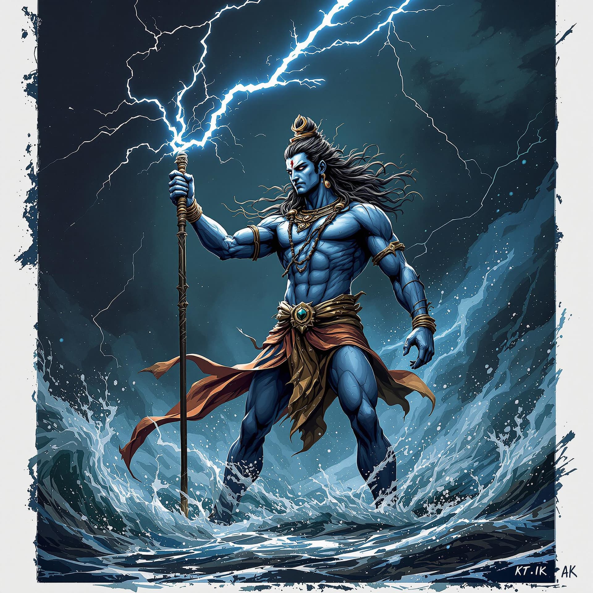 AI generated: Detailed illustration of god Shiva, stand at the gods neptune , divine, Grabbing a bolt of lightning...