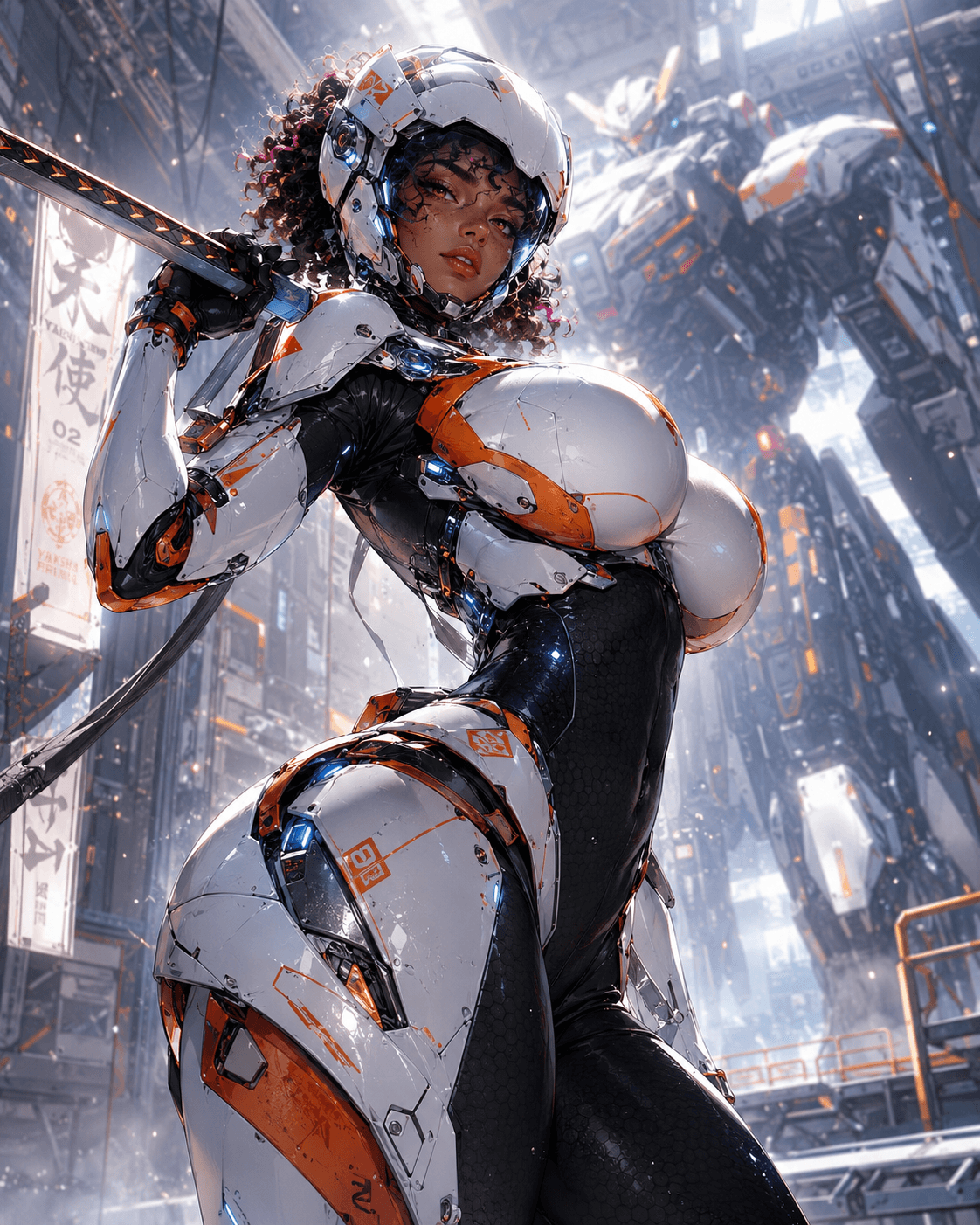 AI generated: Cinematic mecha-anime hero shot of a helmeted sci-fi pilot in a sleek white-and-orange neuro-suit, h...