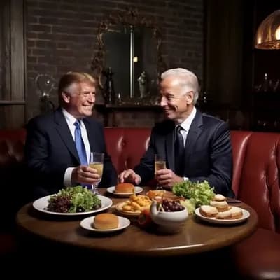 AI generated video: Trump and Biden having lunch, look at the camera and laugh