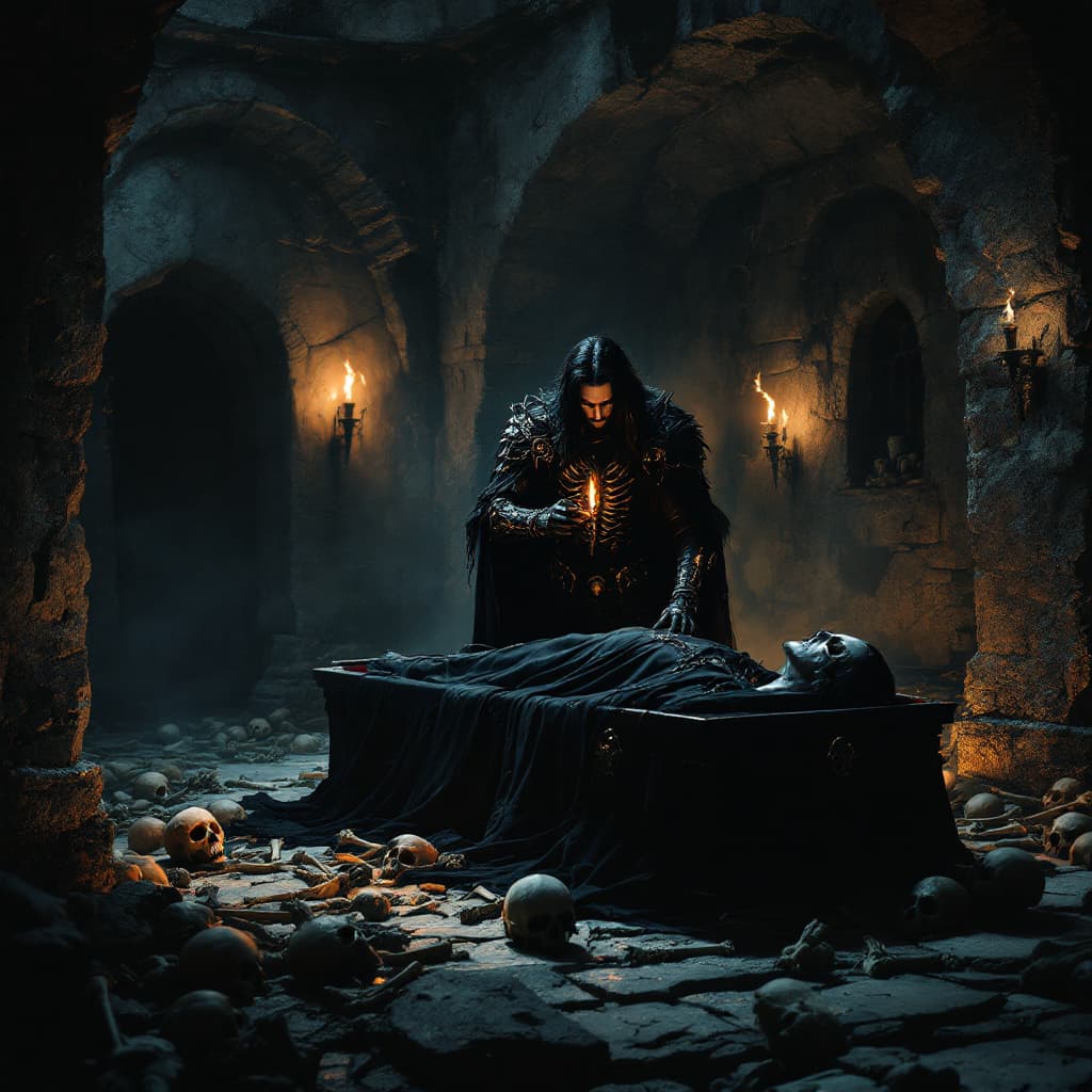 AI generated: The crypt is shrouded in darkness, broken only by the flickering light of a few torches. The aged an...