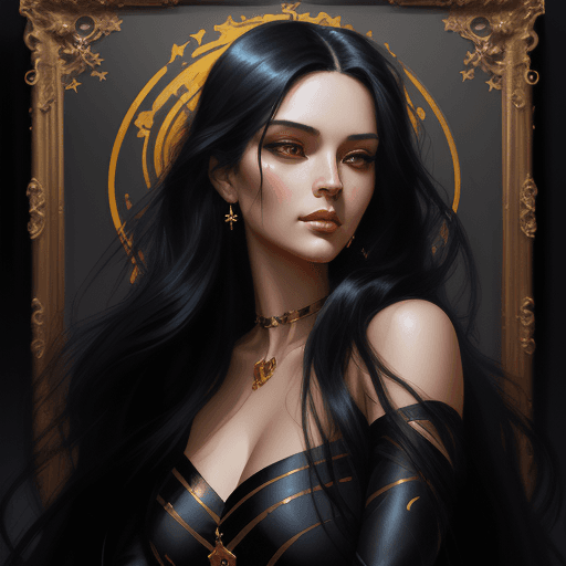 AI generated: a woman with long black hair in a gold painting, in the style of charlie bowater, dark blue and dark...