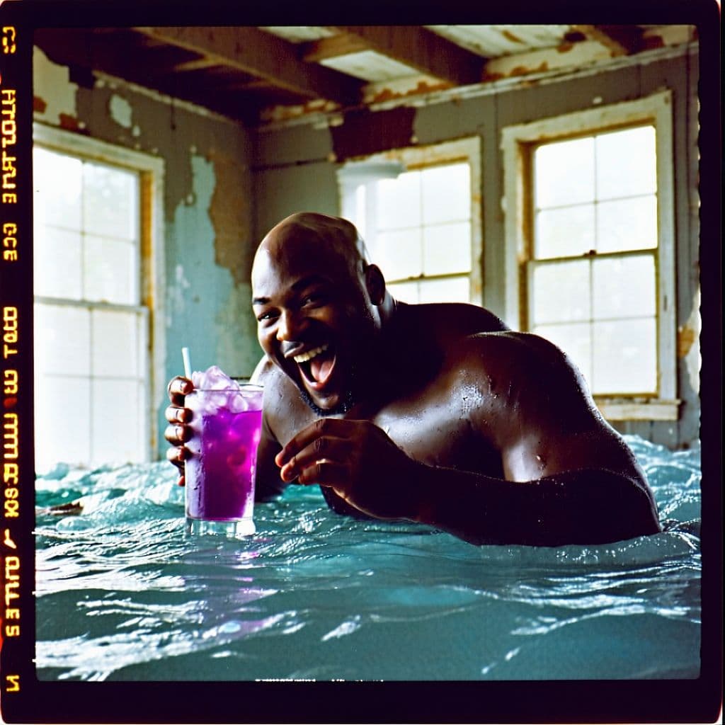 AI generated: grainy 80's photograph quality polaroid of big fat bald elated black man floating in space with a pu...