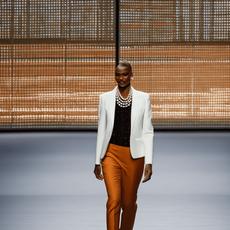 AI generated: full body,standing at the end of a runway, fashion show in the background,wearing two pearl necklace...