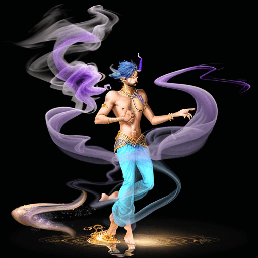 AI generated: male Arabian bluish-purple elemental Genie flying out in a stream of smoke from a golden genie lamp,...