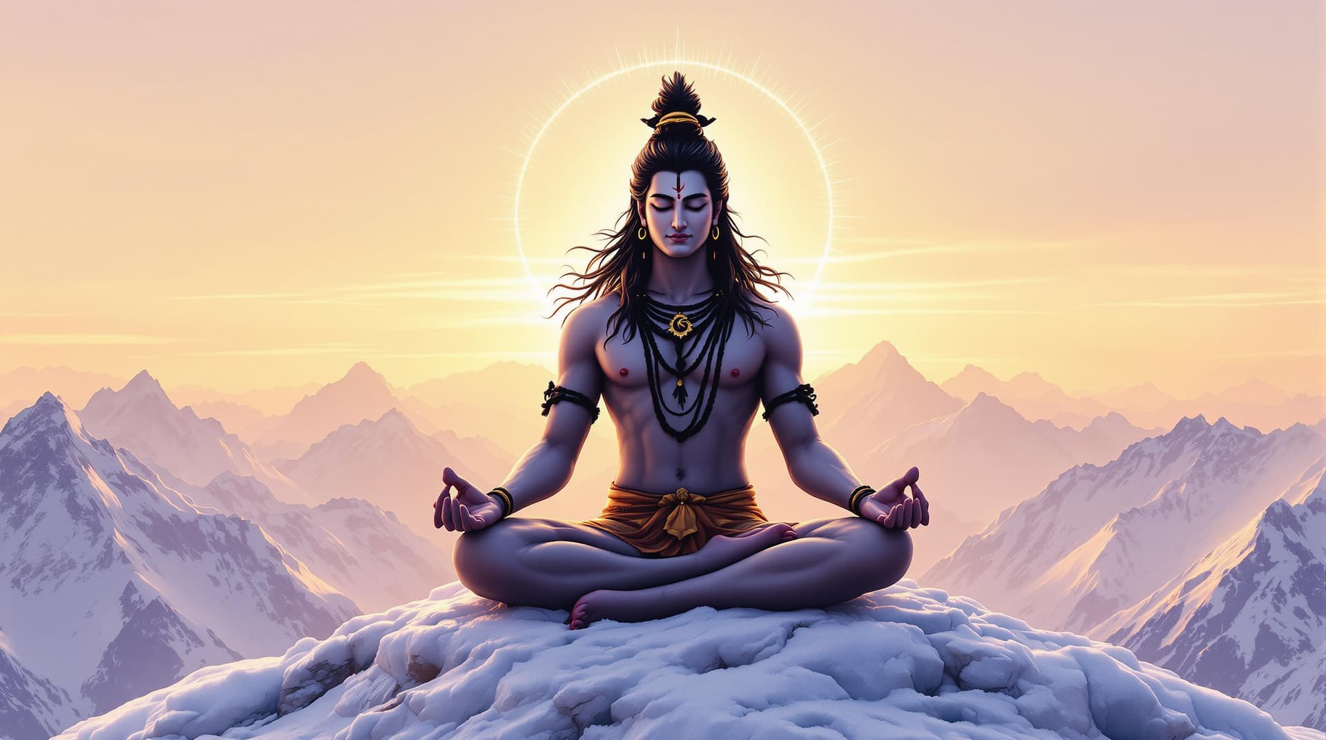AI generated: "Illustrate Shiva in deep meditation on a snowy Himalayan peak, where the sky is softly transitionin...