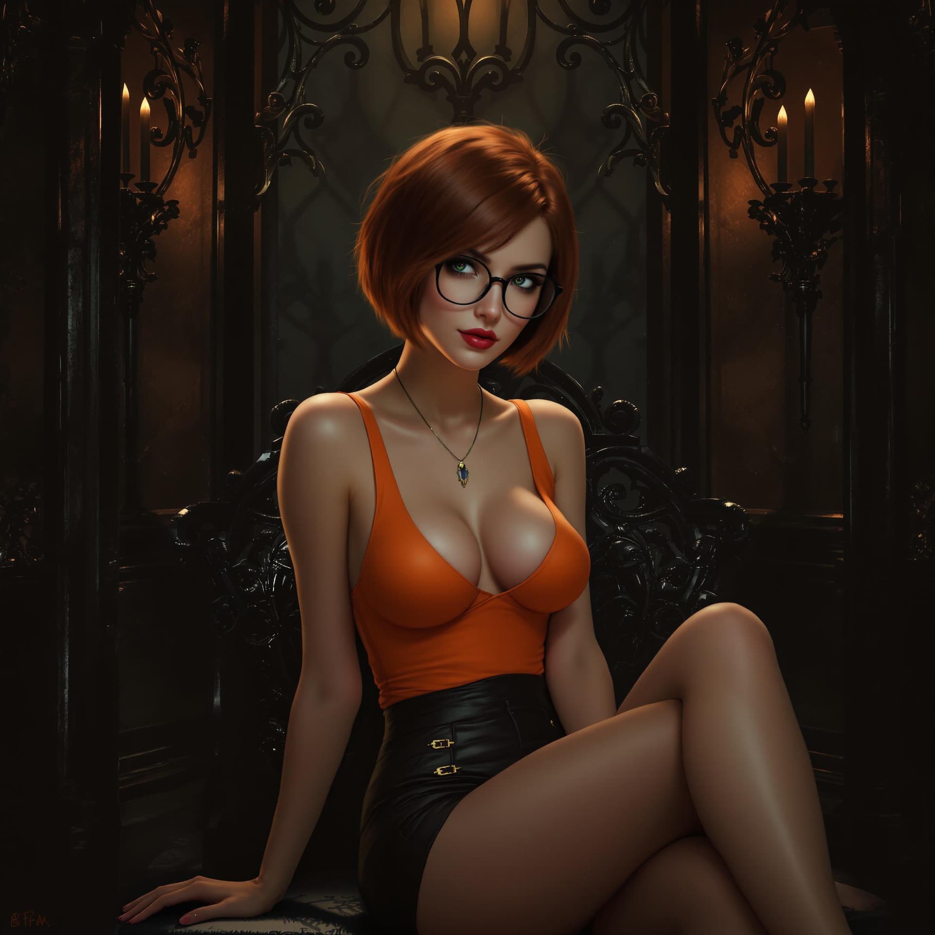 AI generated: A creative digital artwork of a mysterious, intelligent woman sitting in a gothic-style setting. She...