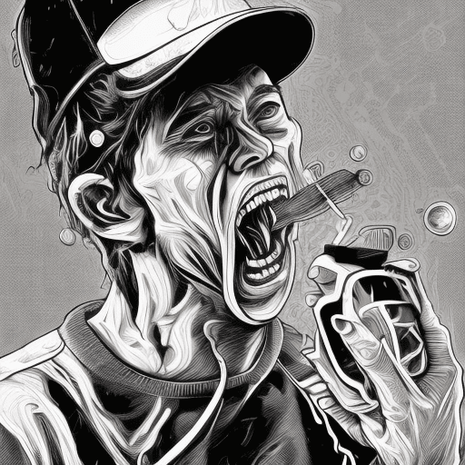 AI generated: A shockingly detailed monochromatic vector illustration of a screaming druggie face , wearing a tras...