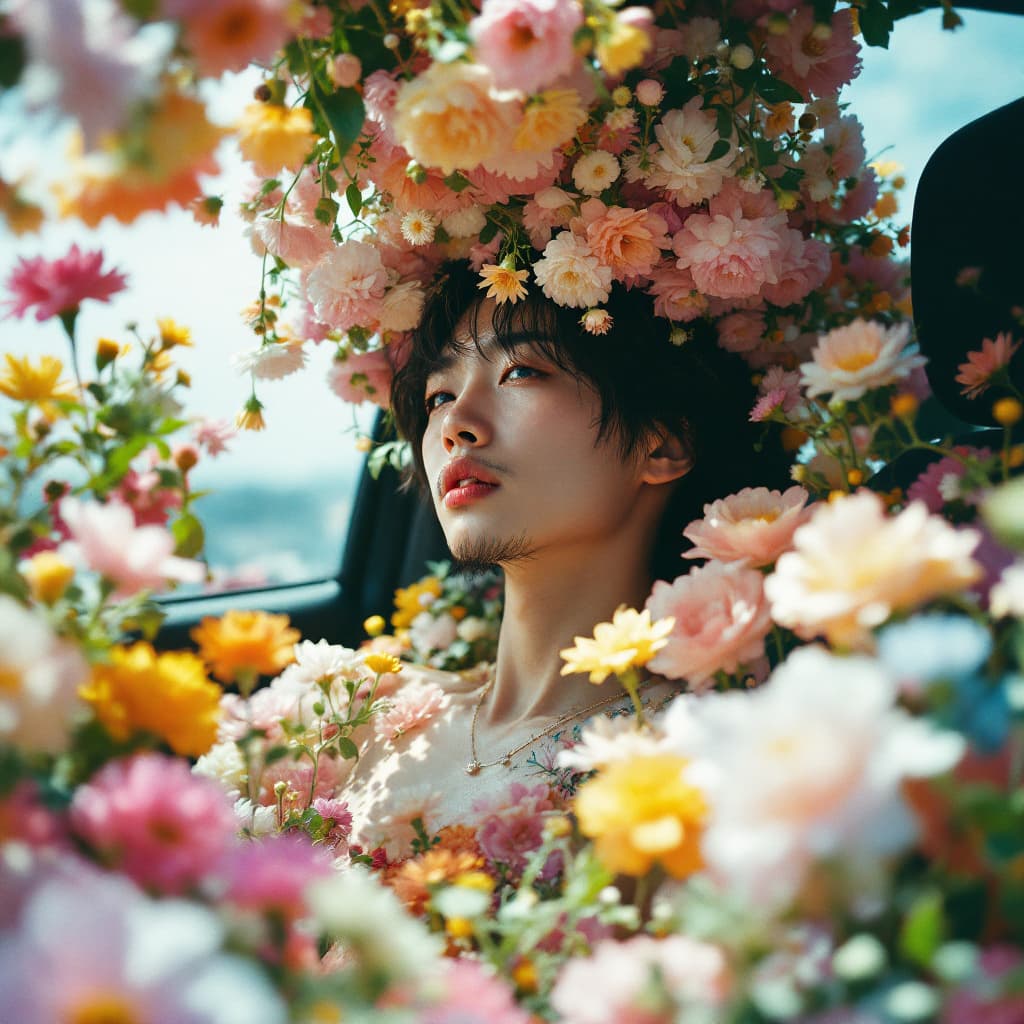 AI generated: a  45years china man in car filled withflowers, art by Rinko Kawauchi, in the style ofnaturalistic p...