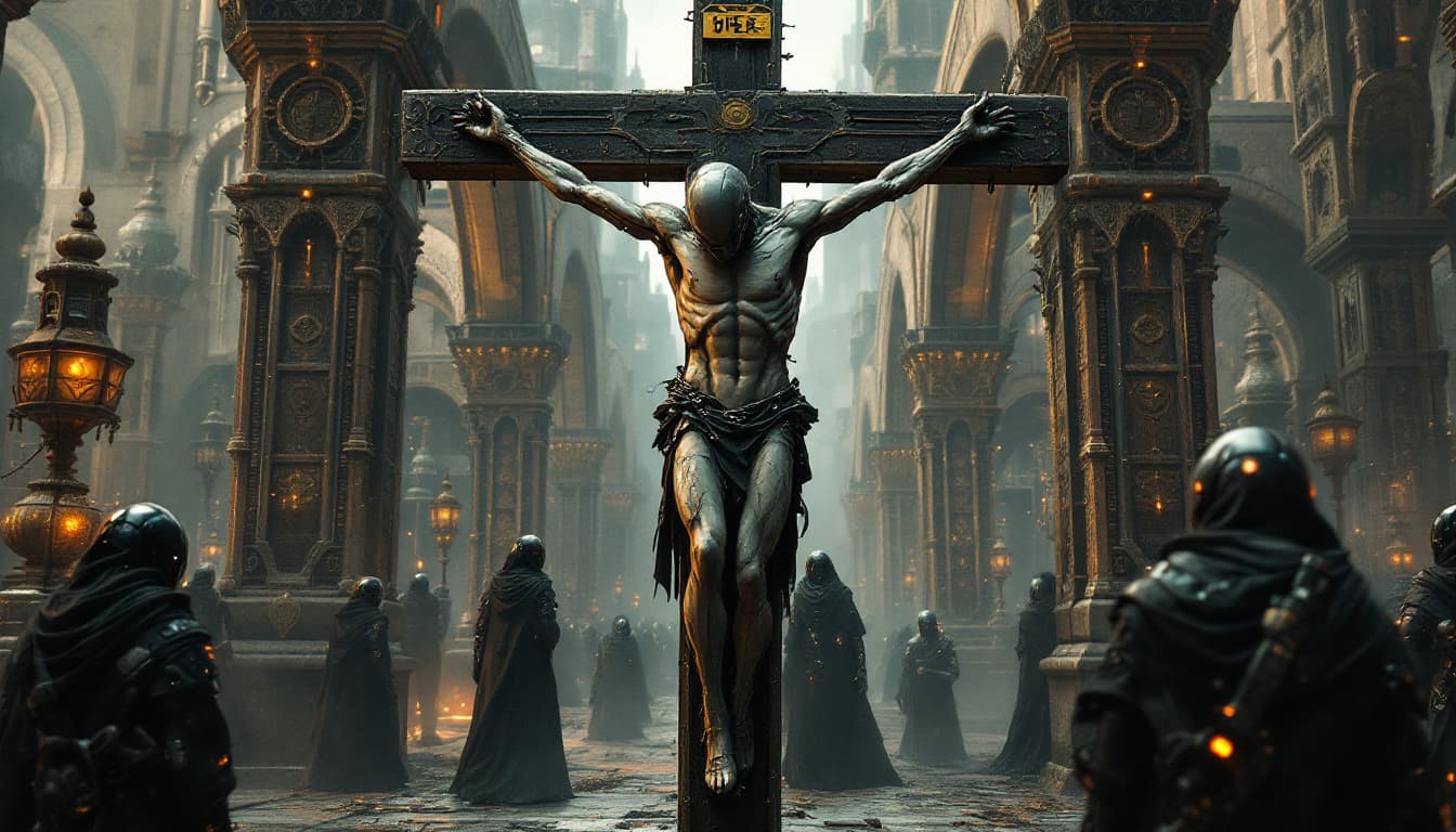 AI generated:  a sci-fi. scenery representing, futuristics humanoids crucified, againts   fictions cyber cross,in ...
