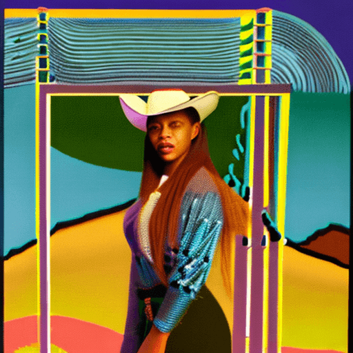AI generated: beyonce in the middle of a western landscape wearing a Rodeo cowboy hat and cowboy outift with cowbo...