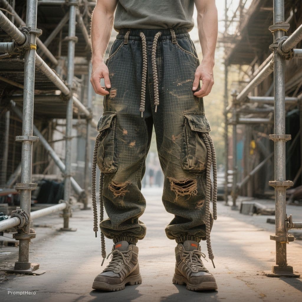 AI generated: photorealistic, wide angle, toe to head composition, distorted, street style of fashion, man model, ...
