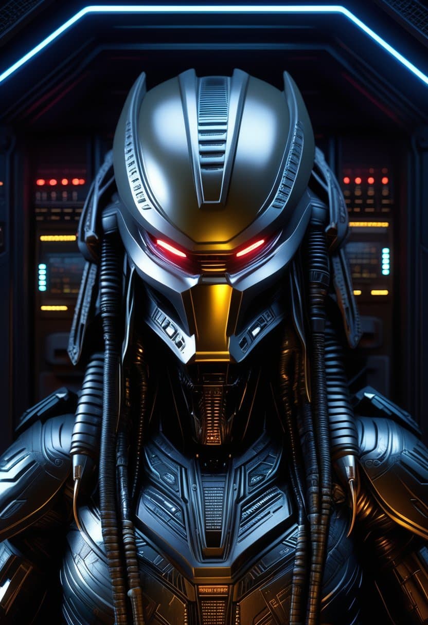 AI generated: a highly detailed cinematic rendering of a predator from the movie alien vs predator, a futuristic h...