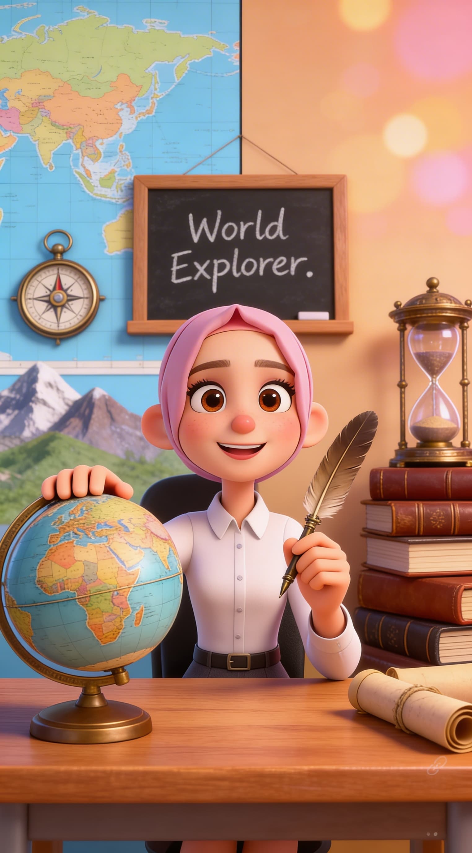 AI generated: create a vvv cute 3D Pixar-style caricature of a geography and history teacher. Exaggerated adorable...
