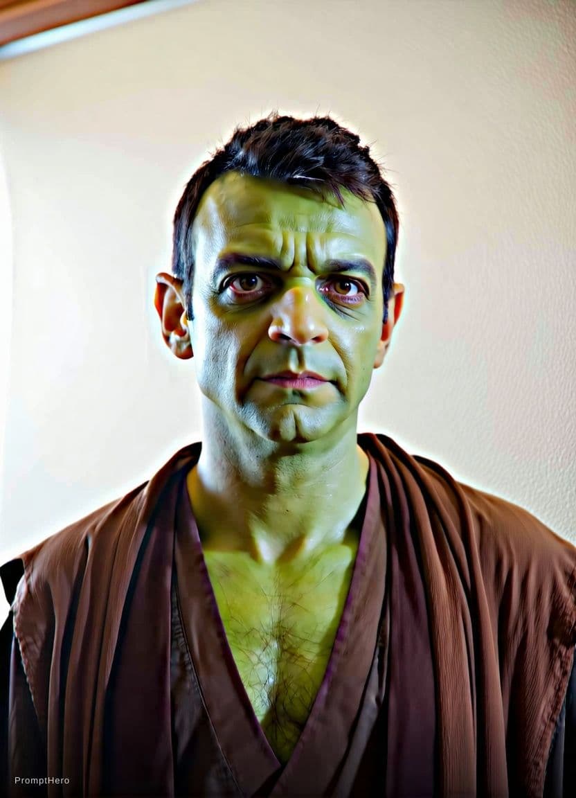 AI generated: epic realistic, male dressed as yoda, star wars, green skin, young man, caucasian face, (((full body...
