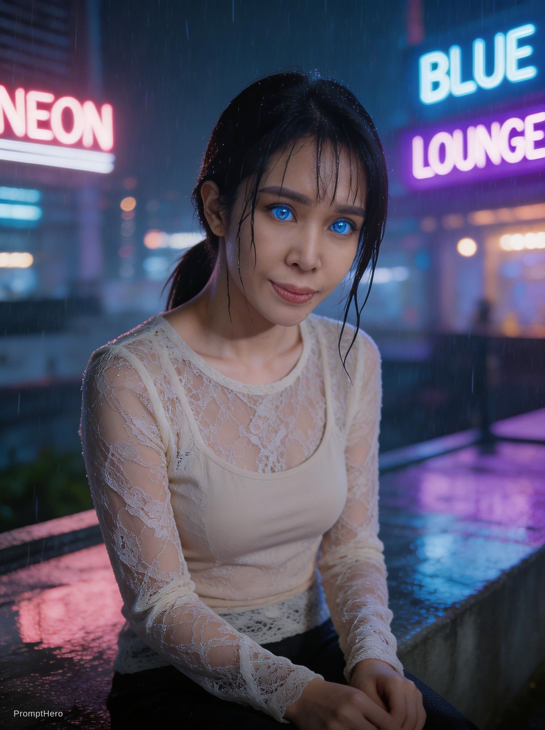 AI generated: A cinematic photograph titled "Neon Rainy Night" of a strikingly beautiful young East Asian woman in...