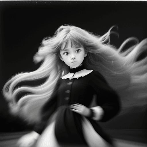 AI generated: a cute young girl with long wild hair on a windy day, in the style of toy camera effects, haunting e...