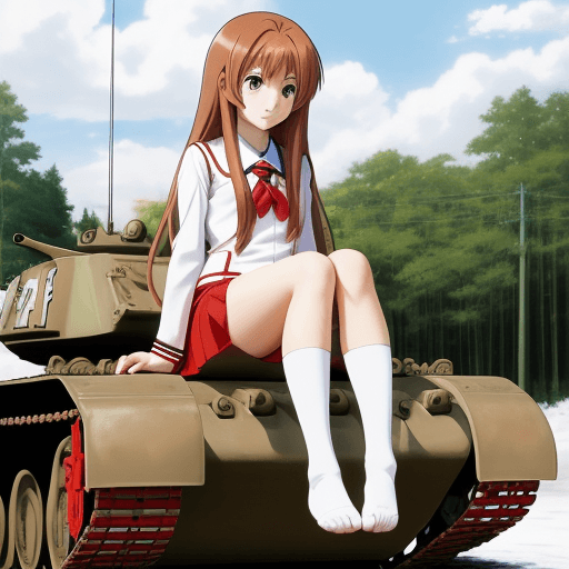 AI generated: taiga aisaka, anime, red school uniform, long hair, sit on tank, not realism, cartoon, art, feet, st...
