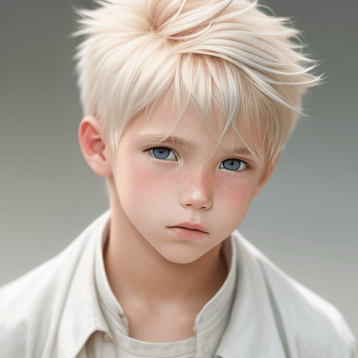 AI generated: photo featuring a boy model, blondy color hair, 300mm f/5. 8, light silver and white, optical, soft-...