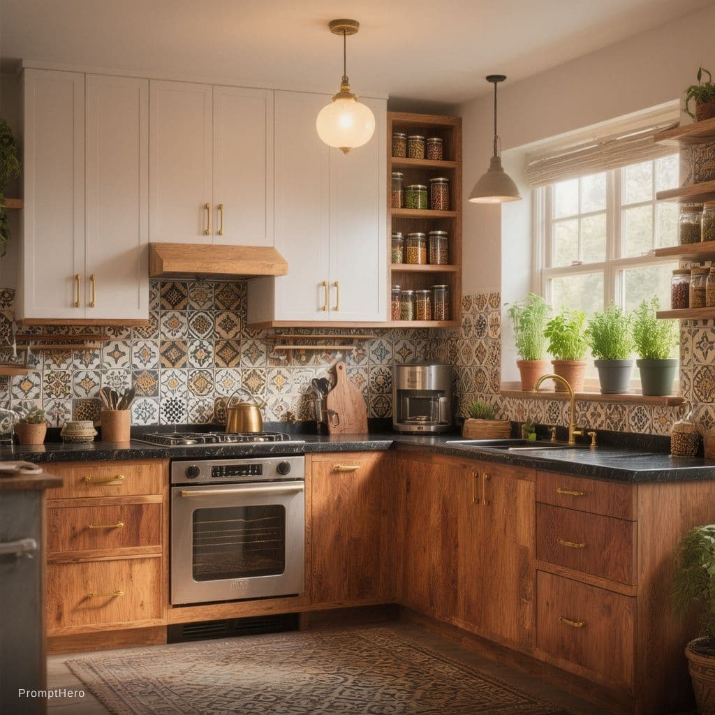 AI generated: L-shaped modular kitchen, matte finish, warm teak wood lower cabinets and white upper cabinets, bras...