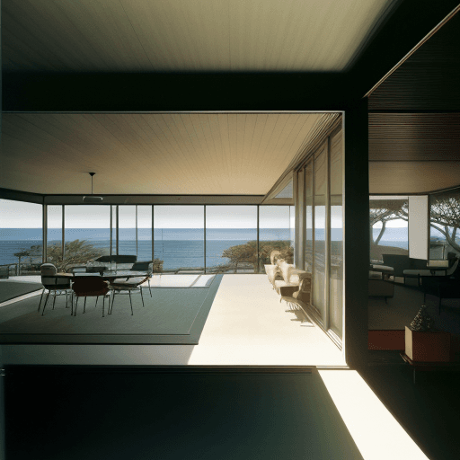 AI generated: Hyper realistic eye level exterior photo of a mid century modern style house overlooking the ocean, ...