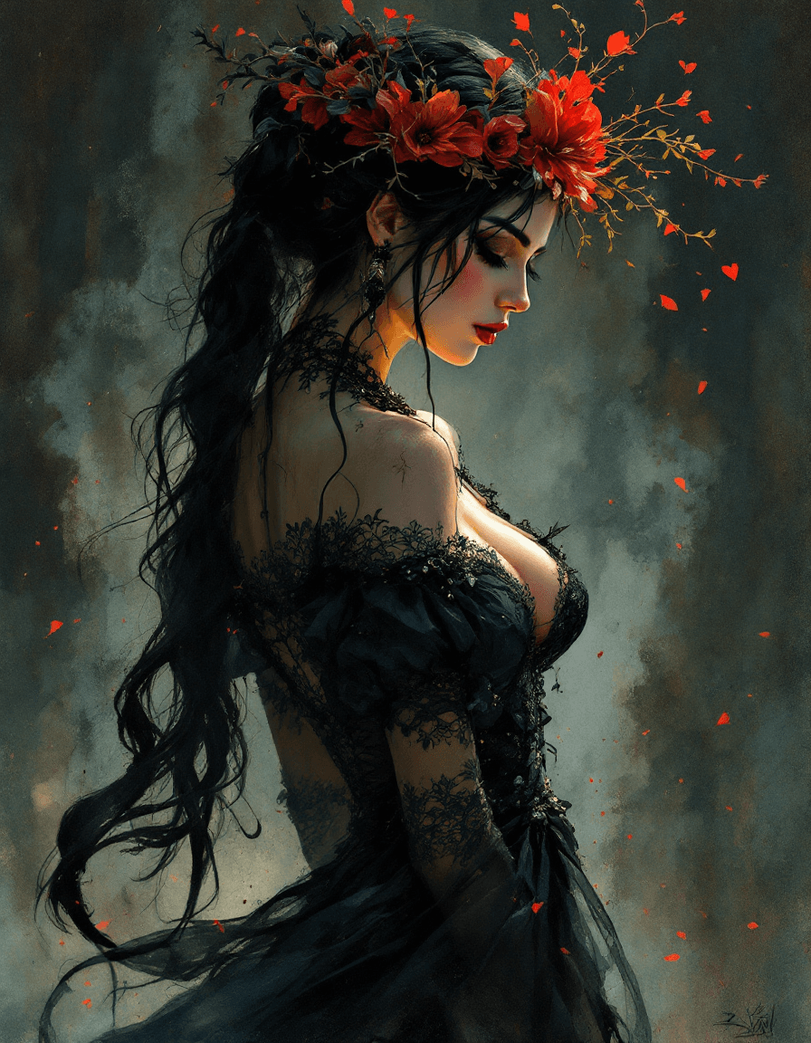 AI generated: Dark Fantasy Art, half l Body of a gypsy spanish woman in flamenco clothes, Blender stylized charism...