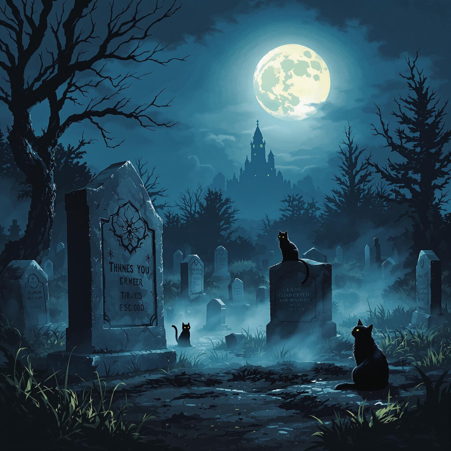 AI generated: Its nightime in the graveyard and there are two black cats sitting on gravestones. The moon is full ...