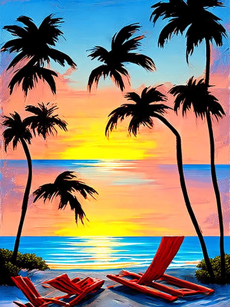 AI generated: painting of a two red wooden lawn beach chair at sunset under palm trees, natural light, concept art...