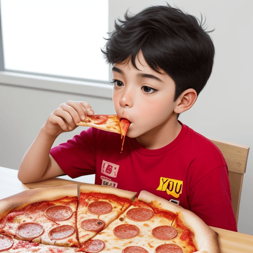AI generated: a 10 years boy eating pizza , our company name is "YoluPizza" use company name for to see everyone
y...