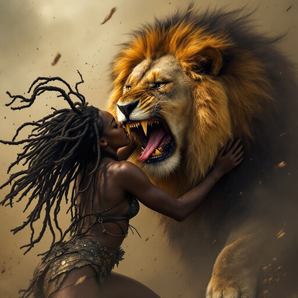 AI generated: A powerful black african woman with dread locks in vicious battle with a very huge lion in which the...