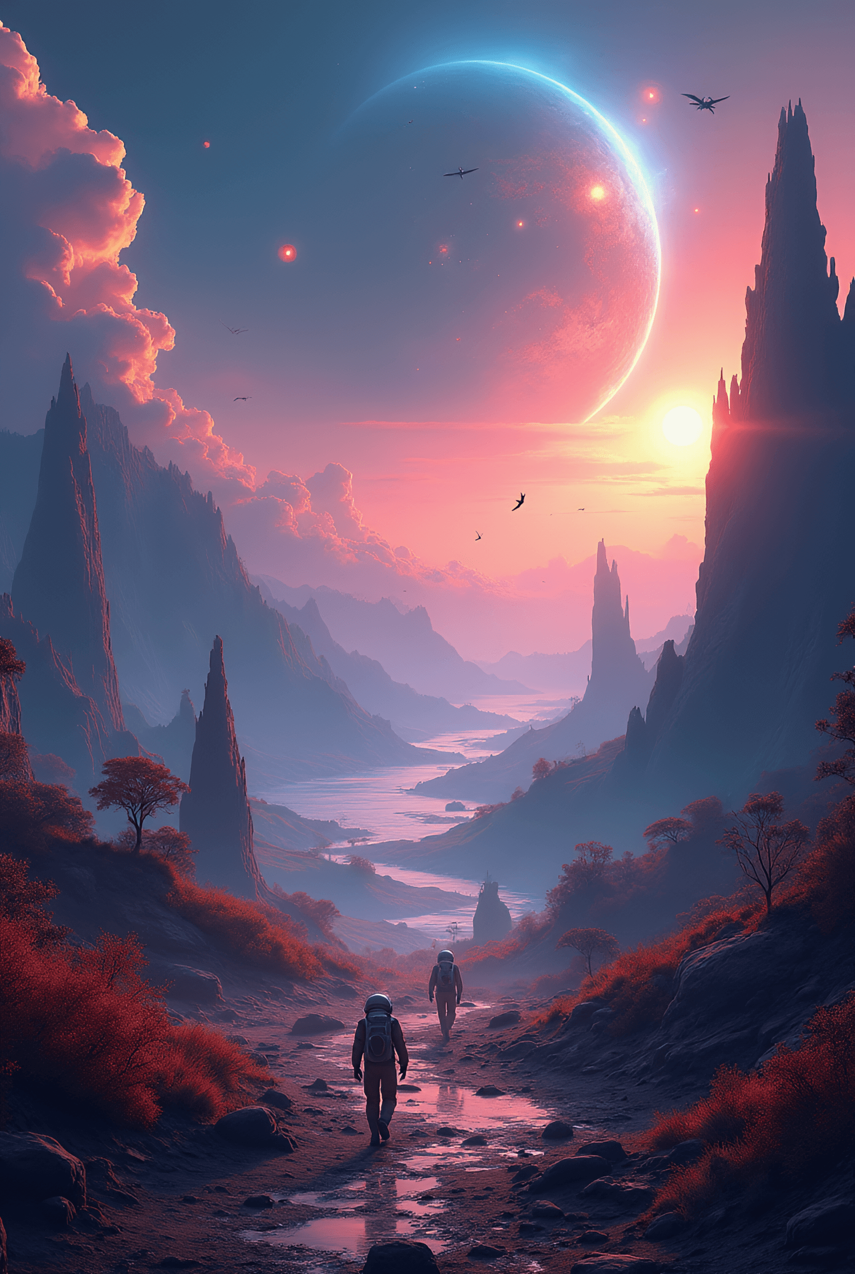 AI generated: extrem fantastic view over an alien landscape on anaother planet ,far away in a distant galaxy,very ...