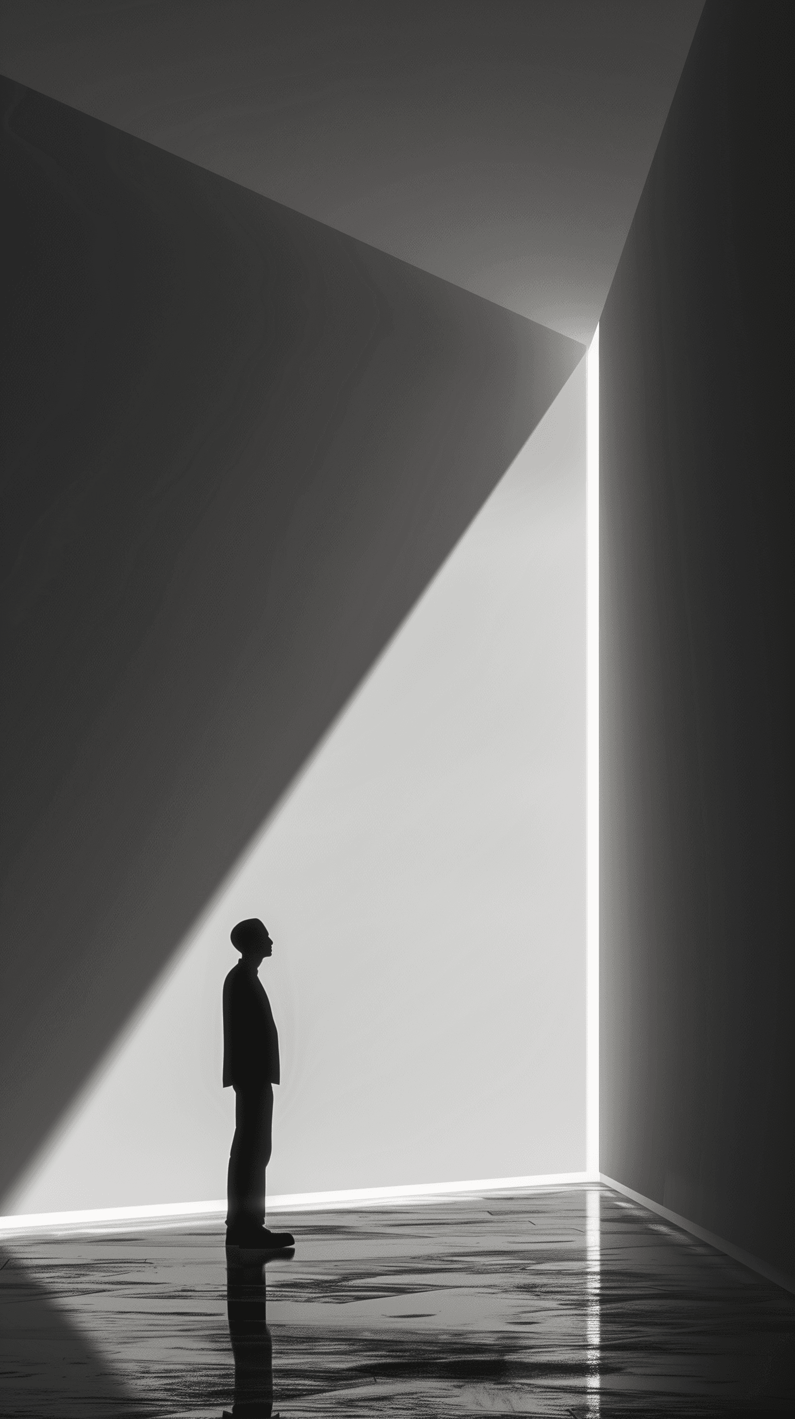 AI generated: minimalist, contemporary, a figure standing before an immense horizontal dramatic light band, high-d...