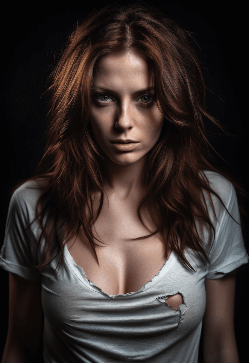 AI generated: (3/4 shot:1.2) professional photograph of a beautiful woman, long flowing dark-auburn hair, facing t...