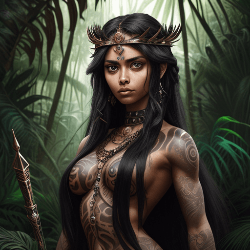 AI generated:  young majestic warrior queen, in a jungle, black long hair, brown big eyes, masterpice of bodytatoo...