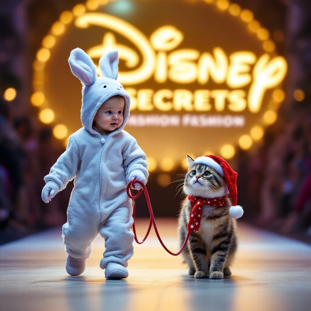 AI generated: A baby dressed in bunny pajamas leads a pet cat on a leash while walking at a Disneyt fashion show, ...