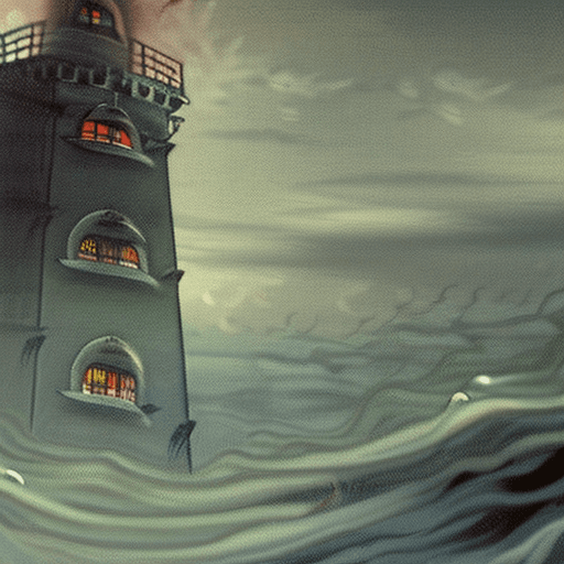 AI generated:  By H.P. Lovecraft,slimy monster at A lighthouse, its beam revealing stories in the mist.a creepy mo...