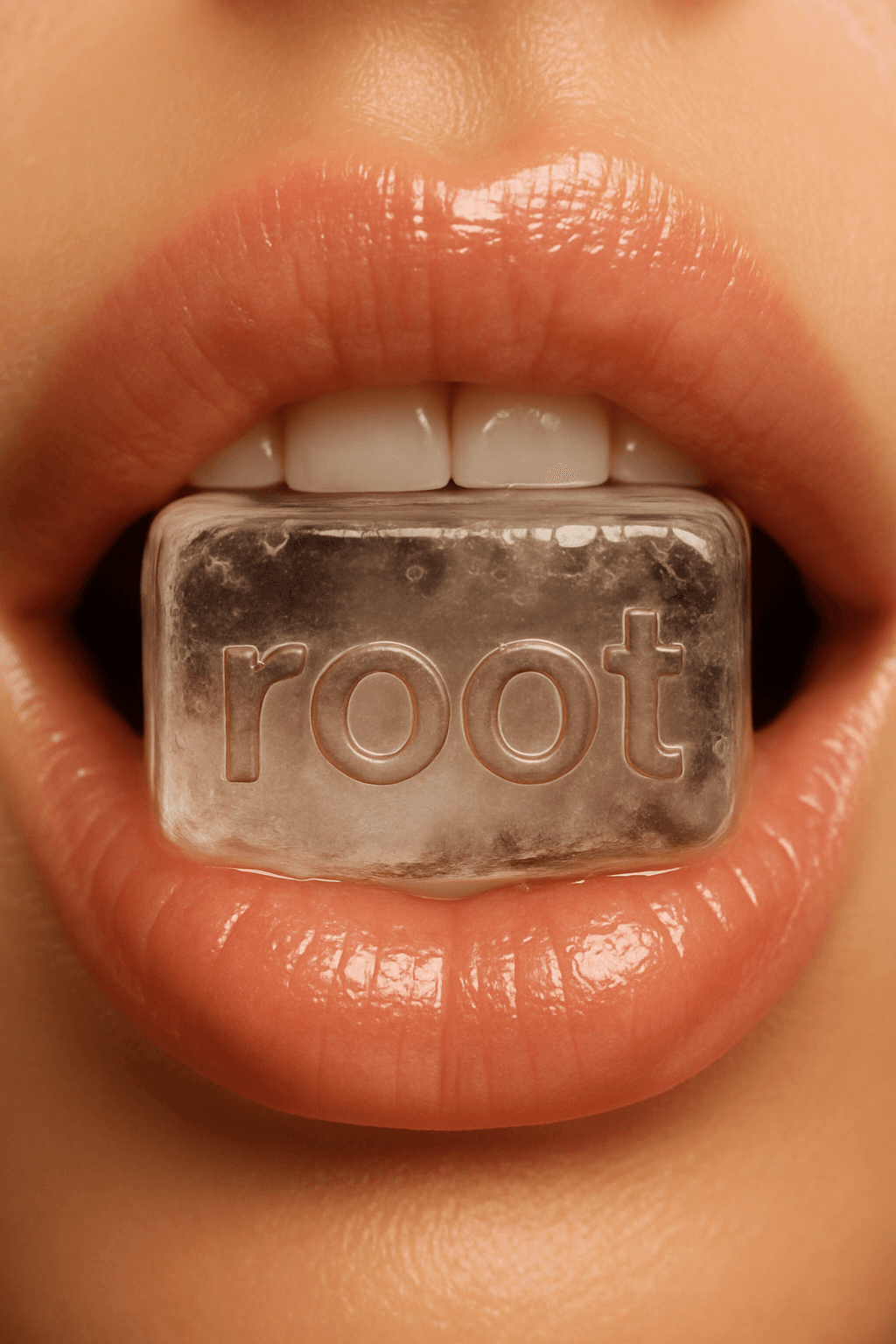 AI generated: very close-up, hyperrealistic beauty editorial image showing glossy, plump lips in a soft peachy ton...