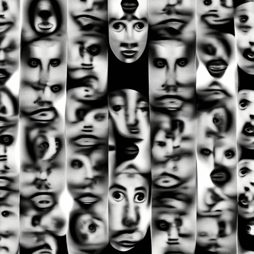 AI generated: black and white. distorted, many faces staring at you, they upside down and under some angle, number...