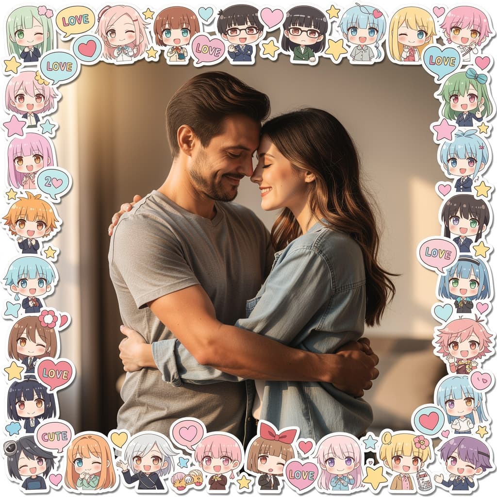 AI generated: Image lined by anime stickers, photorealistic woman holds mans intimate organ from between his knees