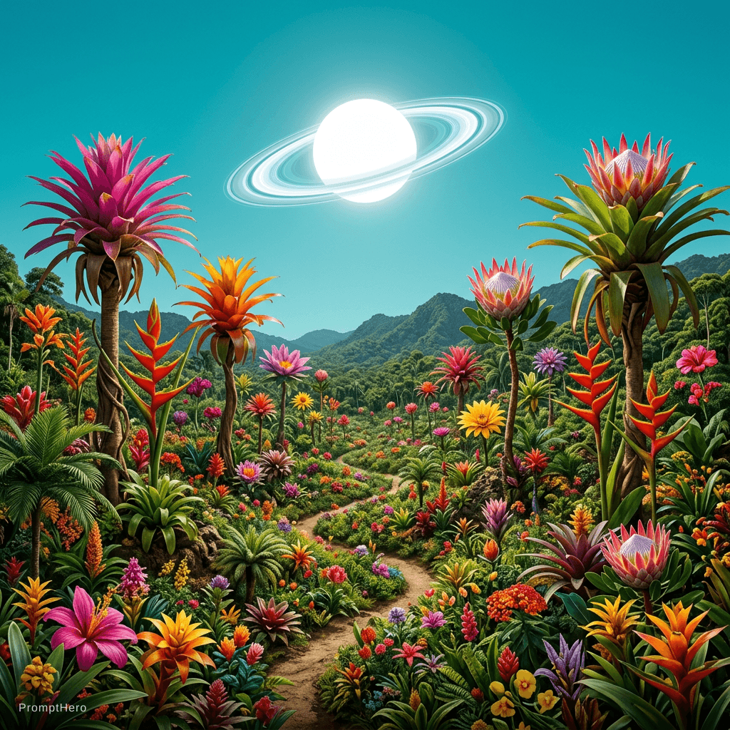AI generated: a scenic landscape of a massive field of tropical flowers some flowers are as tall as trees but the ...