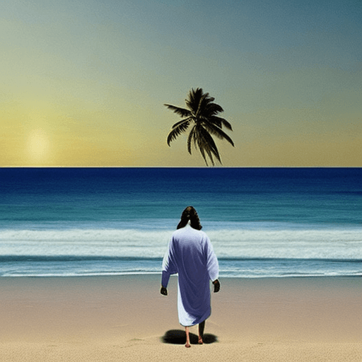 AI generated: Jesus walking on the beach from the back, not walking on the sand, next to the beach next to the wat...