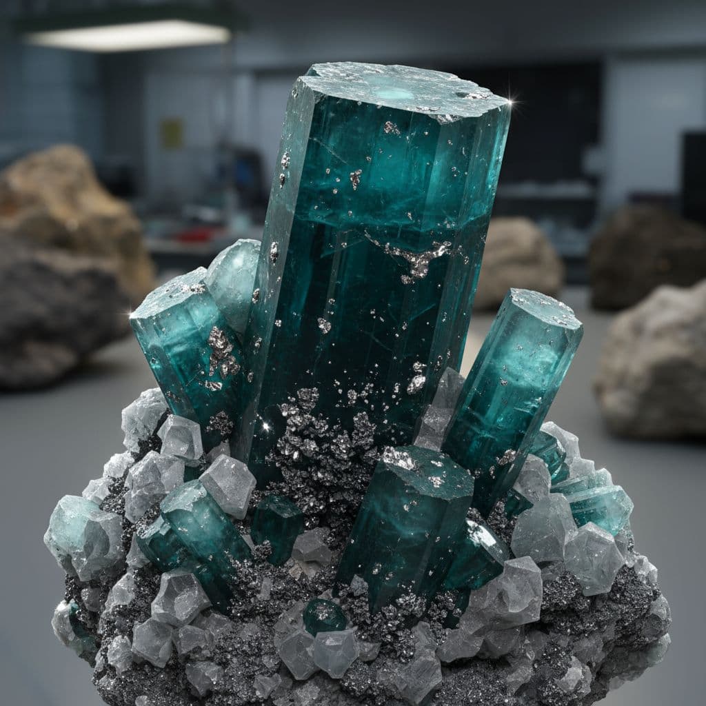 AI generated: pillared Teal crystal mixed with grey crystal and silver flakes sparsely running throughout it 