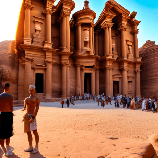 AI generated: Ultra-Wide Angle - Pull the camera very far back from subjects, ANCIENT PETRA, ancient Roman streets...