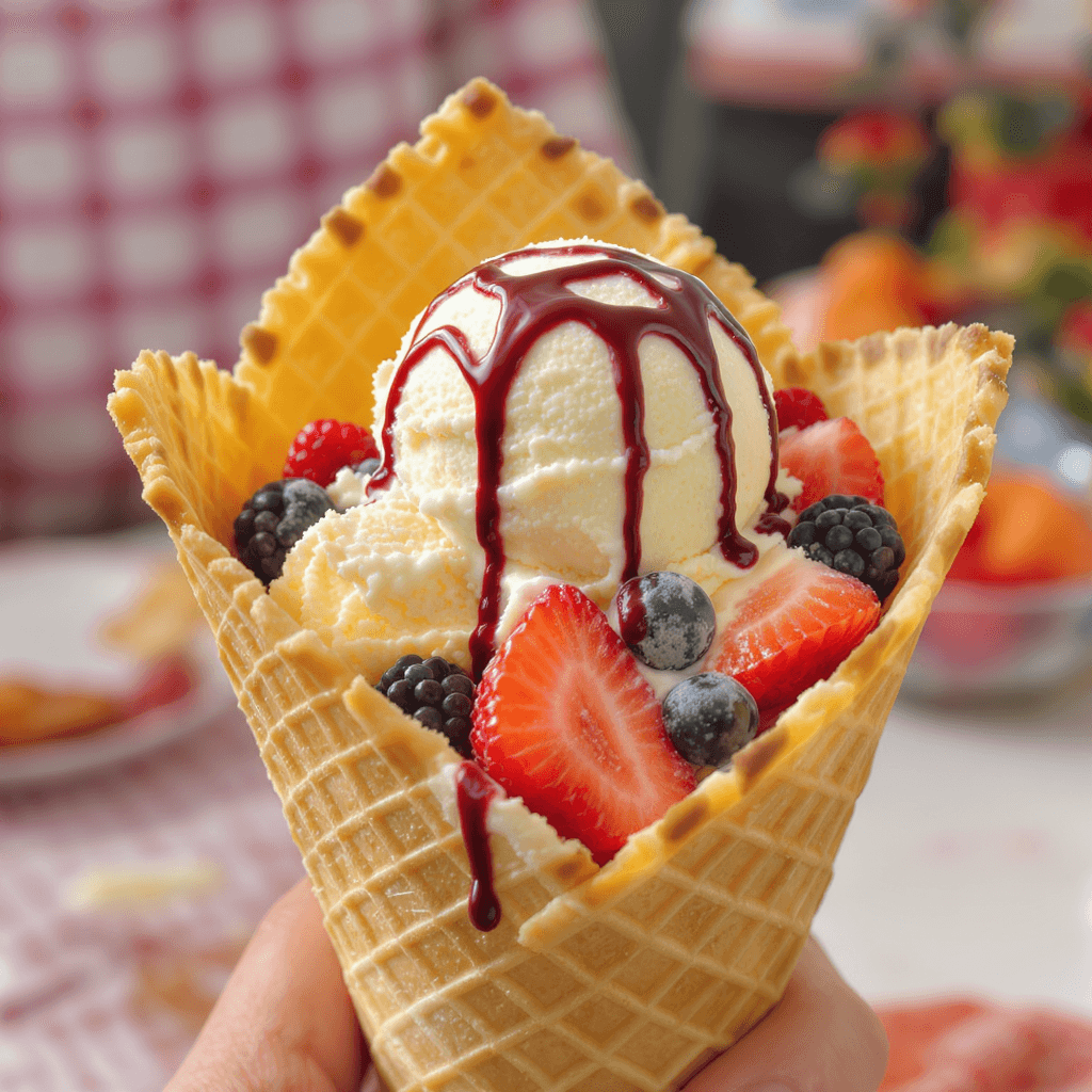 AI generated: delicious ice cream Sunday in a waffle cone bowl with berries and toppings, UHD, HDR10, 16K, (Master...