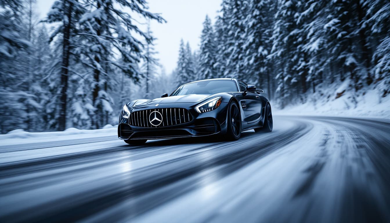 AI generated: hyper realistic luxury Mercedes driving sports black car on a snow highway