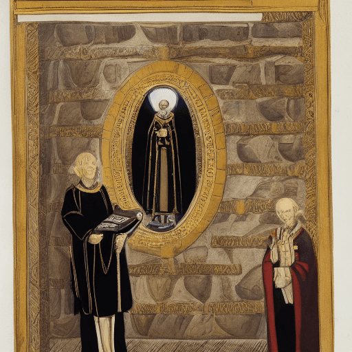 AI generated: The young priest, dressed in a black gold priest's uniform, looked down at everything with three