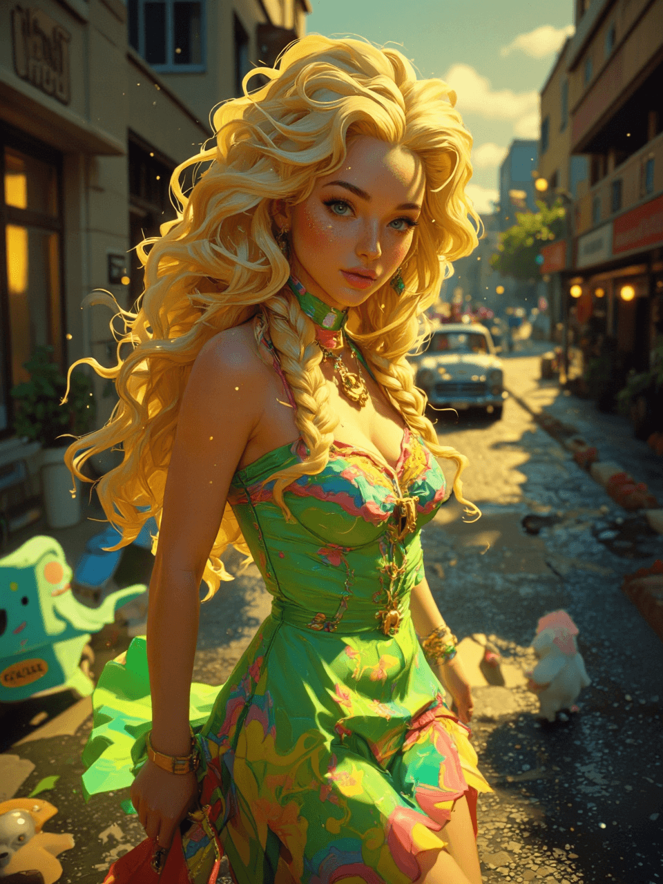 AI generated: A radiant young woman in an 1980s neon outfit struts down a winding path adorned with intricate brai...