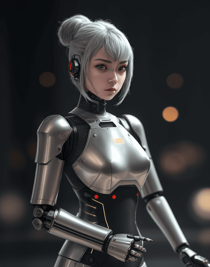 AI generated: fking_scifi_v2, portrait of a guard girl android,  bold, silver, robotic, mechanical, reflective arm...