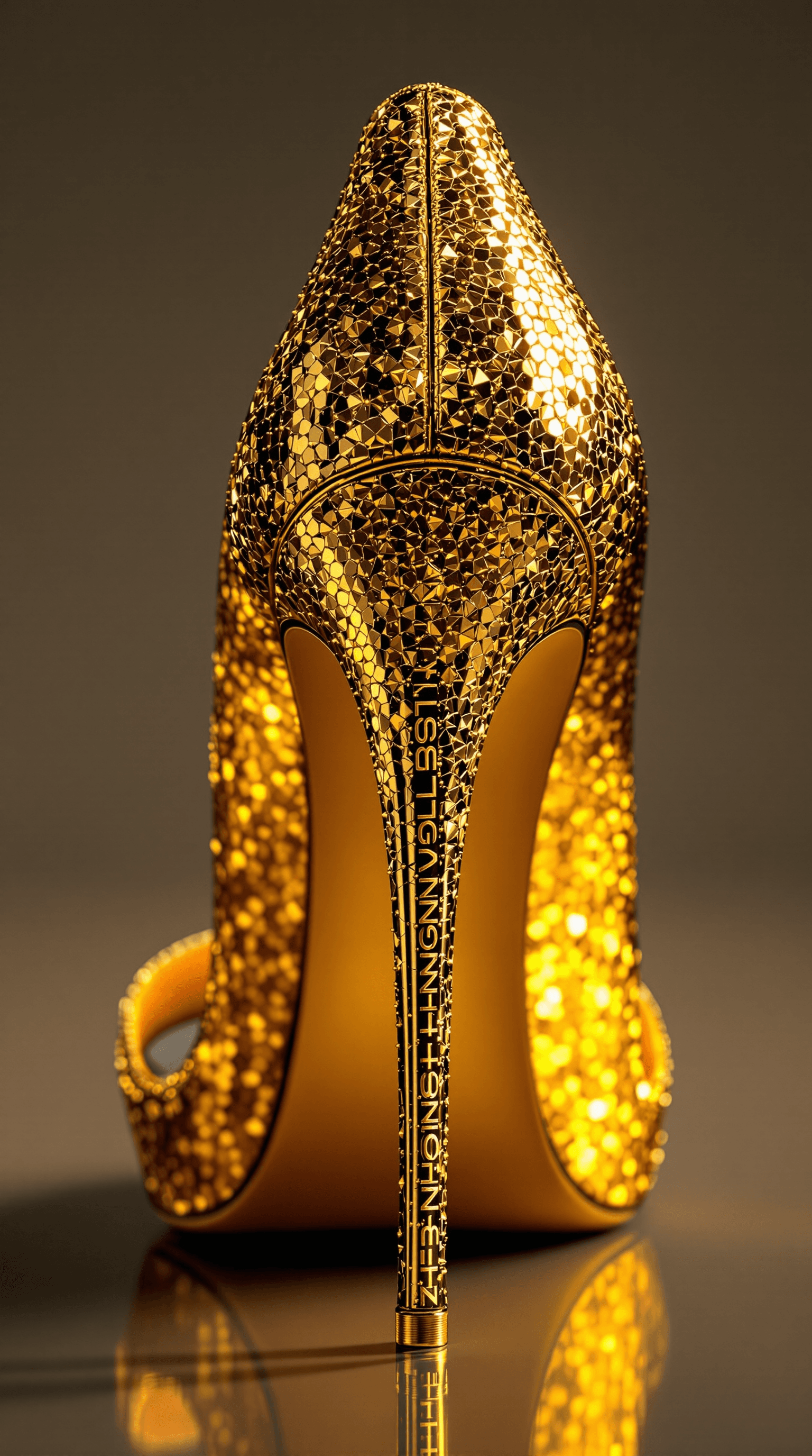 AI generated: sexy extrem high high heel in color gold, on the high heel is the logo "GLOBAL NIGHT"